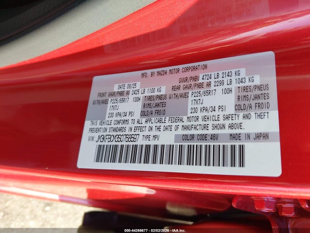 44266677 :رقم المزاد ، JM3KFBCM3S0768597 vin ، 2025 Mazda Cx-5 2.5 S Preferred مزاد بيع