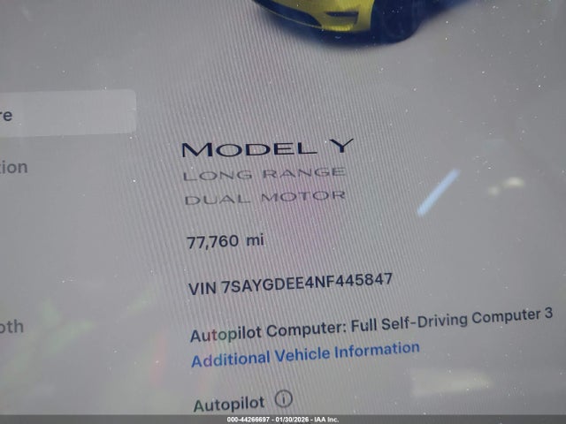 Продаж на аукціоні авто 2022 Tesla Model Y Long Range Dual Motor All-wheel Drive, vin: 7SAYGDEE4NF445847, номер лоту: 44266697
