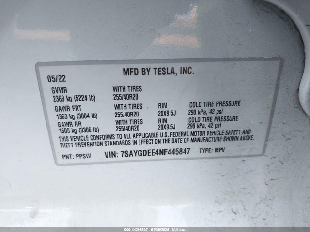 Продаж на аукціоні авто 2022 Tesla Model Y Long Range Dual Motor All-wheel Drive, vin: 7SAYGDEE4NF445847, номер лоту: 44266697