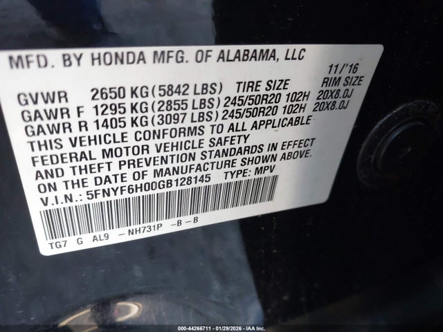 5FNYF6H00GB128145 Honda Pilot Elite