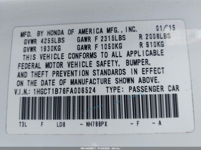 Honda ACCORD EX 2015 1HGCT1B76FA006524 Image 9