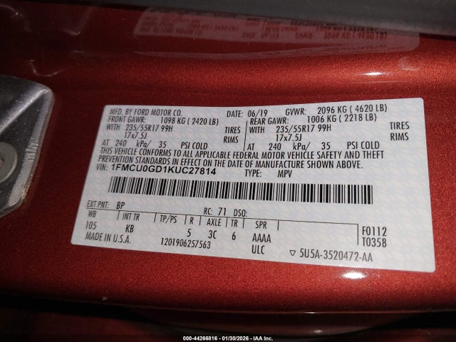 1FMCU0GD1KUC27814 Ford ESCAPE SE
