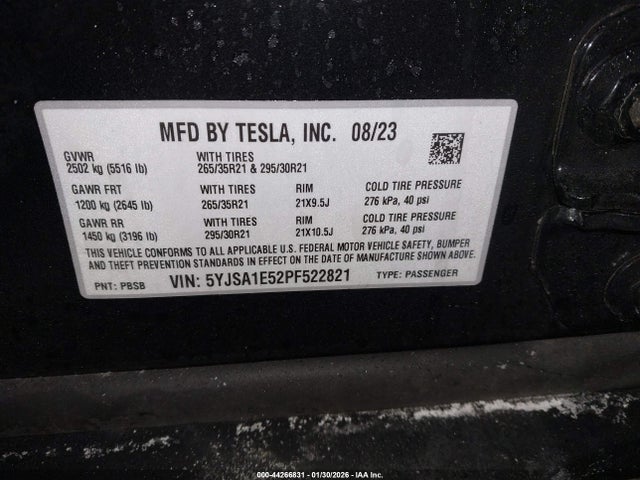 2023 Tesla Model S Dual Motor All-wheel Drive/standard Range მანქანა იყიდება აუქციონზე, vin: 5YJSA1E52PF522821, აუქციონის ნომერი: 44266831