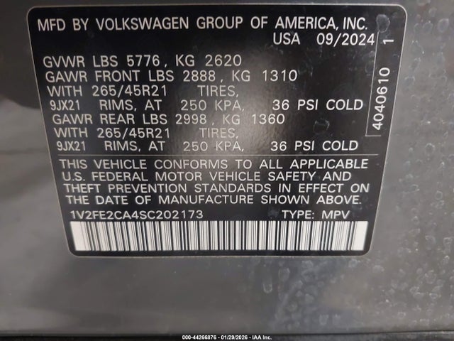44266876 :رقم المزاد ، 1V2FE2CA4SC202173 vin ، 2025 Volkswagen Atlas Cross Sport 2.0t Sel Premium R-line مزاد بيع
