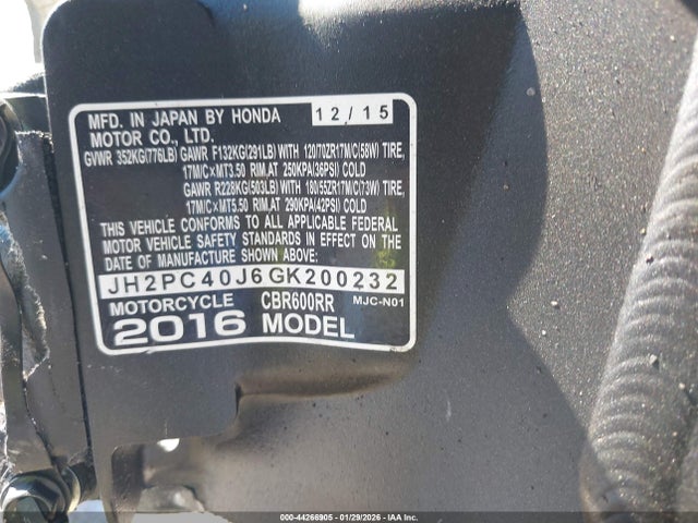 Honda Cbr600 Rr 2016 JH2PC40J6GK200232 Image 10