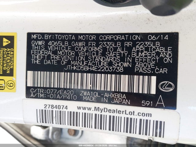 Aukcja sprzedaży 2014 Lexus Ct 200h, vin: JTHKD5BH4E2203738, numer aukcji: 44266934