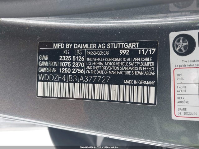 44266989 :رقم المزاد ، WDDZF4JB3JA377727 vin ، 2018 Mercedes-benz E 300 مزاد بيع