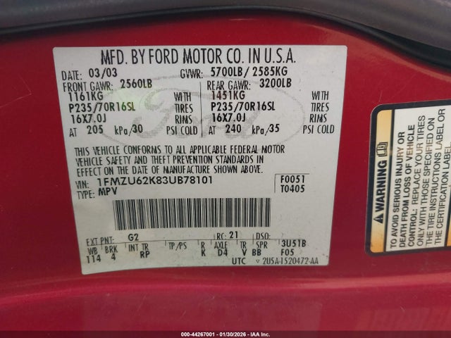 2003 FORD EXPLORER 1FMZU62K83UB78101 Photo 8