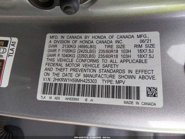2HKRW1H59MH425303 Honda Cr-v 2wd Ex
