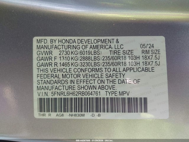 2024 HONDA ODYSSEY 5FNRL6H62RB064761 Photo 8