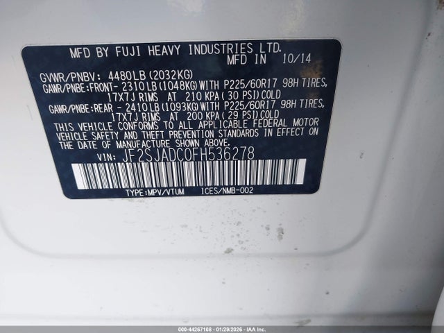 Продаж на аукціоні авто 2015 Subaru Forester 2.5i Premium, vin: JF2SJADC0FH536278, номер лоту: 44267108