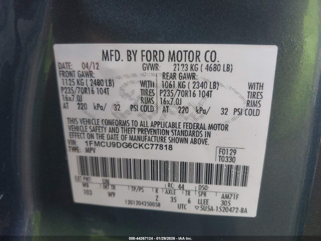 2012 FORD ESCAPE 1FMCU9DG6CKC77818 Photo 8