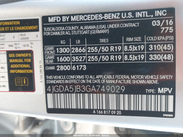 44267170 :رقم المزاد ، 4JGDA5JB3GA749029 vin ، 2016 Mercedes-benz Gle 350 مزاد بيع