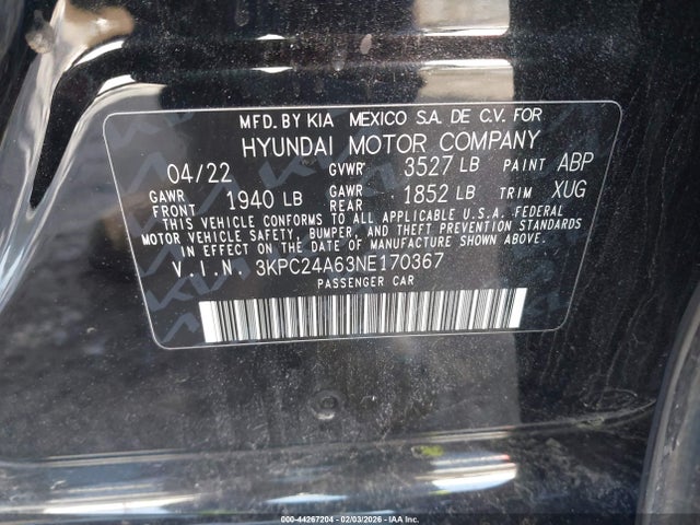 Aukcja sprzedaży 2022 Hyundai Accent Se, vin: 3KPC24A63NE170367, numer aukcji: 44267204