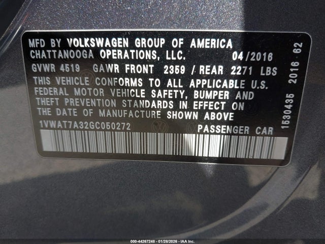 Продаж на аукціоні авто 2016 Volkswagen Passat 1.8t S, vin: 1VWAT7A32GC050272, номер лоту: 44267248
