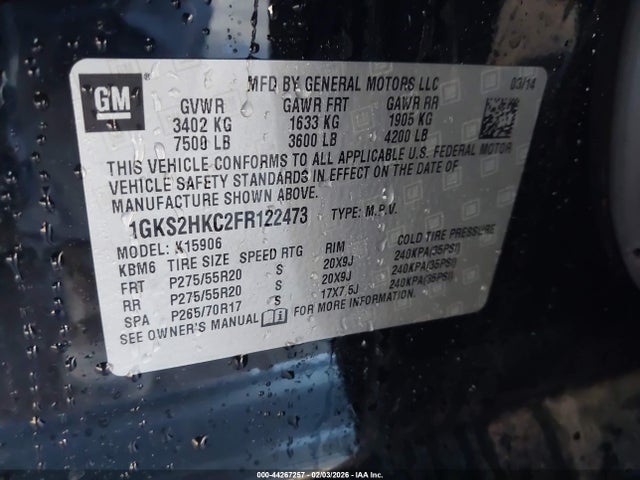 44267257 :رقم المزاد ، 1GKS2HKC2FR122473 vin ، 2015 Gmc Yukon Xl 1500 Slt مزاد بيع
