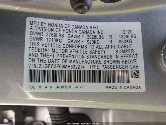 44267268 :رقم المزاد ، 2HGFC2F69MH532214 vin ، 2021 Honda Civic Lx مزاد بيع