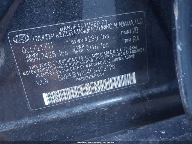 Продажа на аукционе авто 2012 Hyundai Sonata Gls, vin: 5NPEB4AC4CH402126, номер лота: 44267286