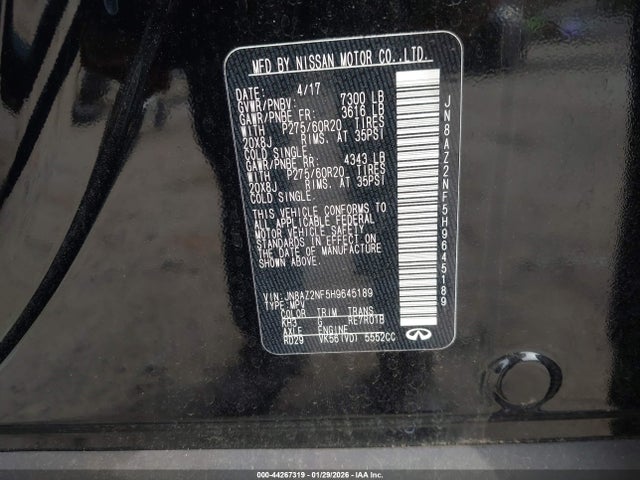 Aukcja sprzedaży 2017 Infiniti Qx80, vin: JN8AZ2NF5H9645189, numer aukcji: 44267319