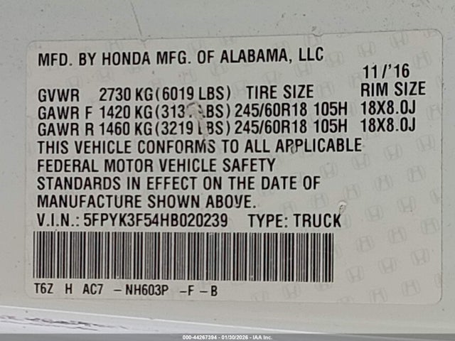Honda Ridgeline Rtl 2017 5FPYK3F54HB020239 Image 9