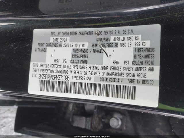 Aukcja sprzedaży 2023 Mazda Mazda3 2.5 S Select, vin: 3MZBPABM6PM371095, numer aukcji: 44267449