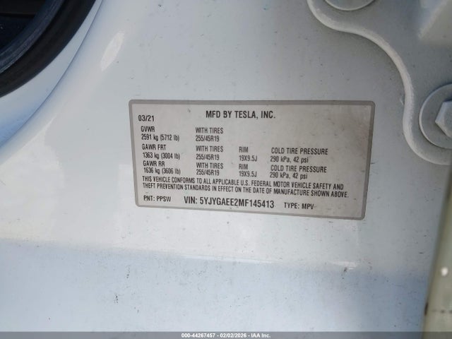 Продаж на аукціоні авто 2021 Tesla Model Y Long Range Dual Motor All-wheel Drive, vin: 5YJYGAEE2MF145413, номер лоту: 44267457