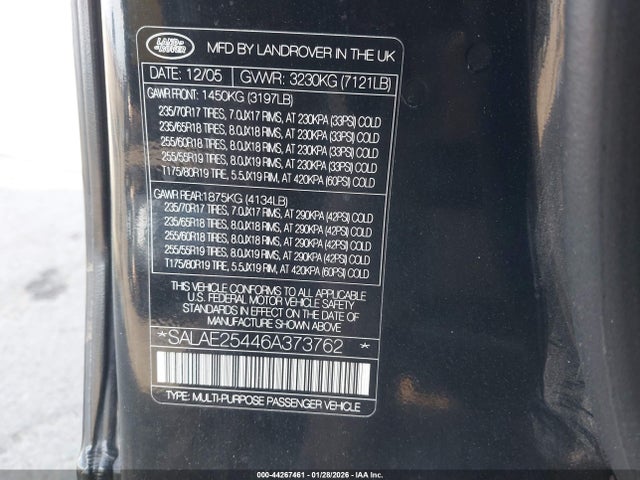Продаж на аукціоні авто 2006 Land Rover Lr3 V8 Se, vin: SALAE25446A373762, номер лоту: 44267461