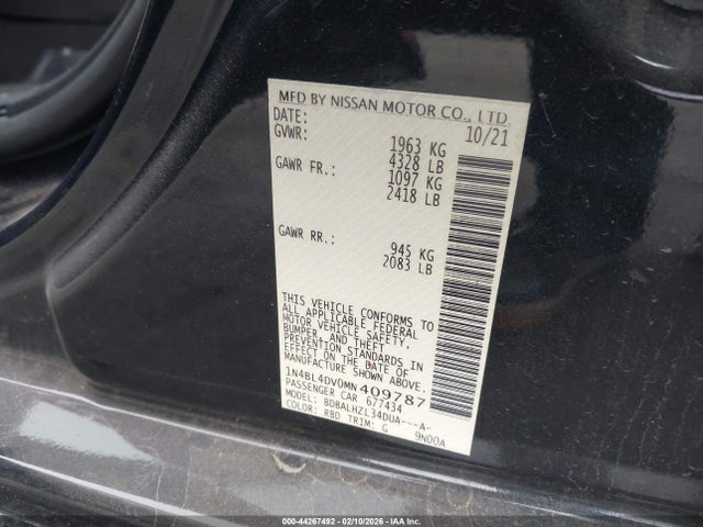 1N4BL4DV0MN409787 Nissan Altima Sv Fwd