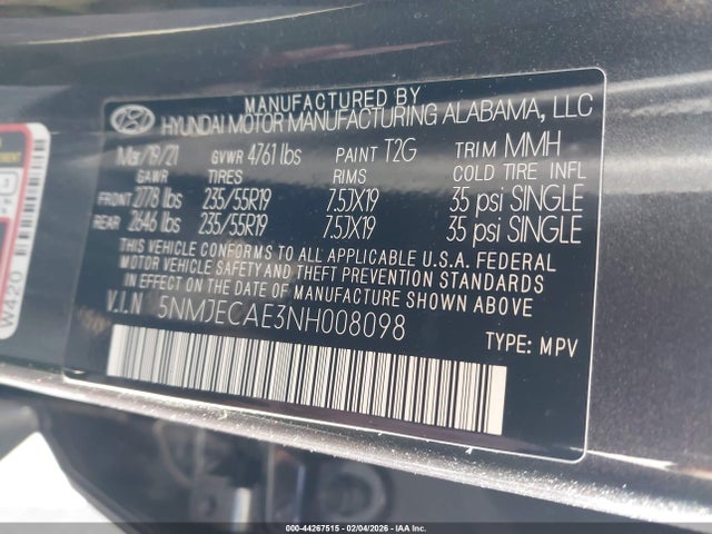 5NMJECAE3NH008098 Hyundai Tucson Limited
