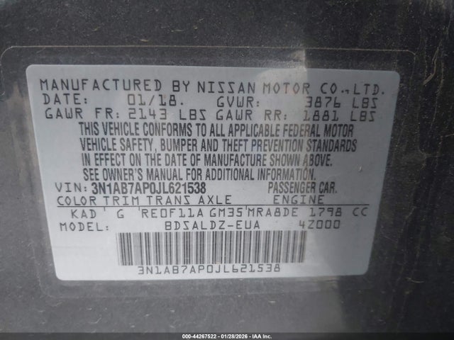 3N1AB7AP0JL621538 Nissan SENTRA SV