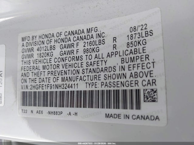 2HGFE1F91NH324411 Honda Civic Touring