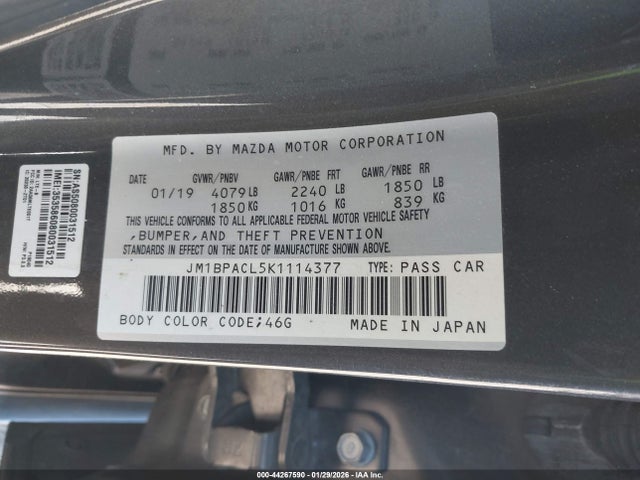 Aukcja sprzedaży 2019 Mazda Mazda3 Preferred Package, vin: JM1BPACL5K1114377, numer aukcji: 44267590