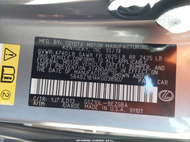 Aukcja sprzedaży 2019 Lexus Es 350, vin: 58ABZ1B14KU038907, numer aukcji: 44267602
