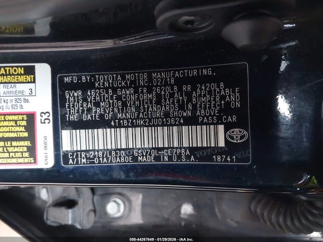 4T1BZ1HK2JU013624 Toyota Camry Xse V6