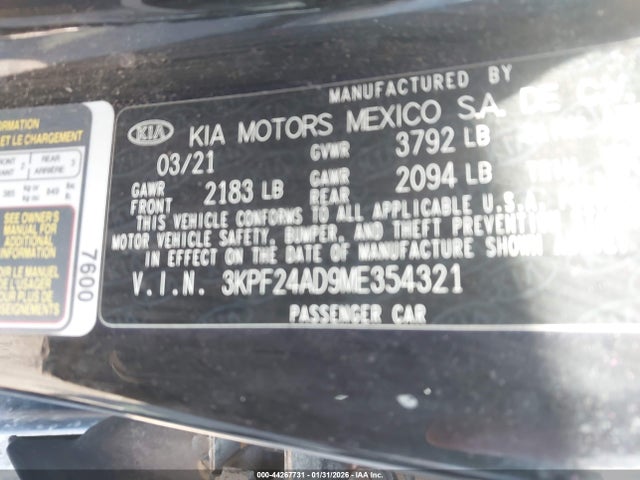 Продаж на аукціоні авто 2021 Kia Forte Fe, vin: 3KPF24AD9ME354321, номер лоту: 44267731