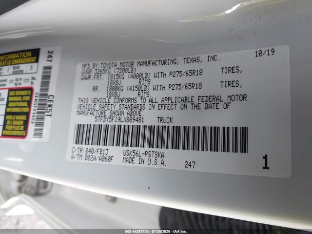 Toyota Tundra Sr5 2020 5TFDY5F19LX889481 Image 9