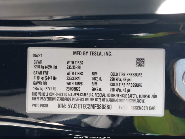 Aukcja sprzedaży 2021 Tesla Model 3 Performance Dual Motor All-wheel Drive, vin: 5YJ3E1EC2MF980880, numer aukcji: 44267847