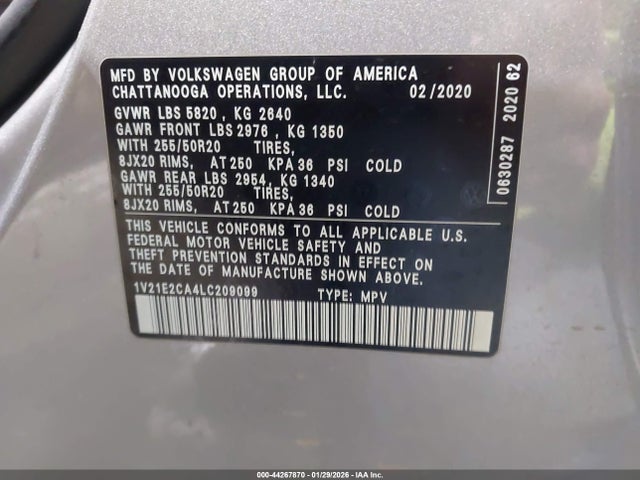 1V21E2CA4LC209099 Volkswagen Atlas Cross Sport 3.6l V6 Se W/technology/3.6l V6 Se W/technology R-line