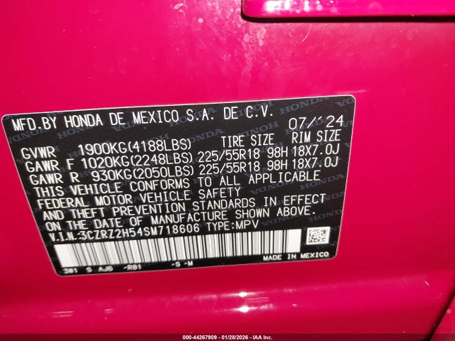 3CZRZ2H54SM718606 Honda Hr-v Awd Sport