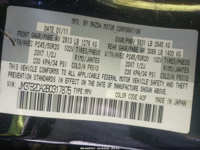 44267917 :رقم المزاد ، JM3TB2DA2B0317875 vin ، 2011 Mazda Cx-9 Grand Touring مزاد بيع