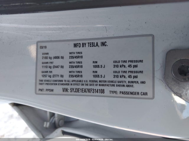Продажа на аукционе авто 2019 Tesla Model 3 Long Range/mid Range/standard Range/standard Range Plus, vin: 5YJ3E1EA7KF314108, номер лота: 44267919
