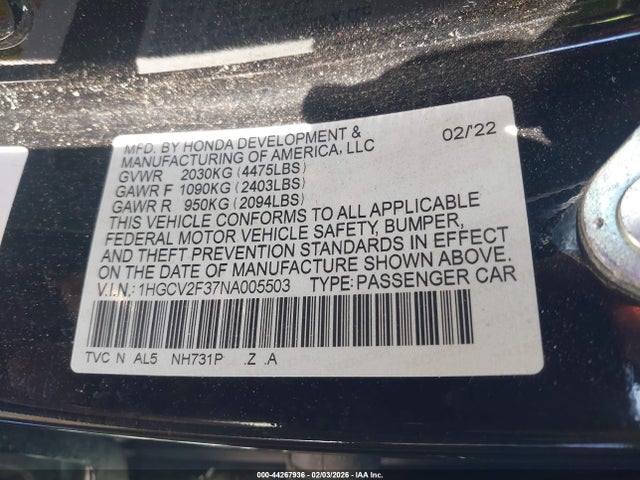Продаж на аукціоні авто 2022 Honda Accord Sport 2.0t, vin: 1HGCV2F37NA005503, номер лоту: 44267936