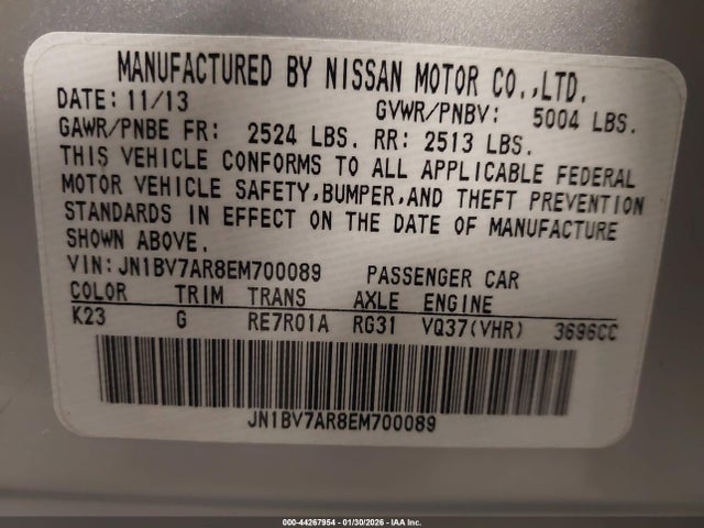 44267954 :رقم المزاد ، JN1BV7AR8EM700089 vin ، 2014 Infiniti Q50 Premium مزاد بيع