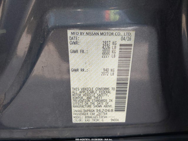 1N4AL3AP6GN362068 Nissan Altima 2.5/2.5 S/2.5 Sl/2.5 Sr/2.5 Sv