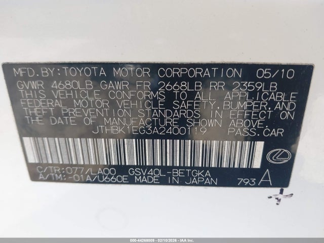 Aukcja sprzedaży 2010 Lexus Es 350, vin: JTHBK1EG3A2400119, numer aukcji: 44268009
