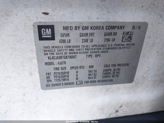 Aukcja sprzedaży 2016 Buick Encore, vin: KL4CJASB7GB706907, numer aukcji: 44268016