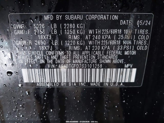 4S4BTGPD7S3101258 Subaru Outback Touring Xt