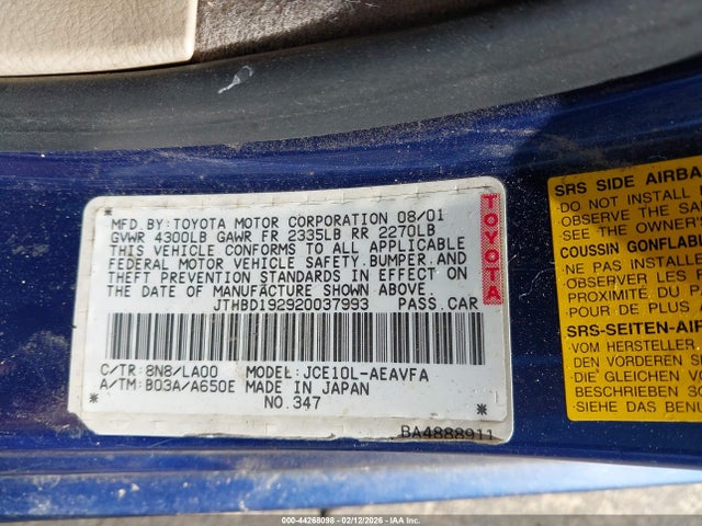 Aukcja sprzedaży 2002 Lexus Is 300, vin: JTHBD192920037993, numer aukcji: 44268098