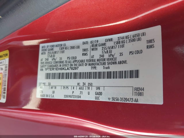 Aukcja sprzedaży 2019 Ford Ranger Xlt, vin: 1FTER1EH6KLA78297, numer aukcji: 44268125