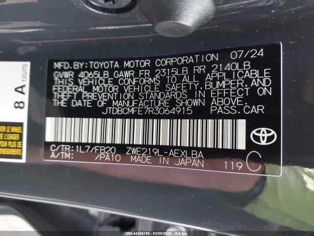 44268190 :رقم المزاد ، JTDBCMFE7R3064915 vin ، 2024 Toyota Corolla Hybrid Le مزاد بيع
